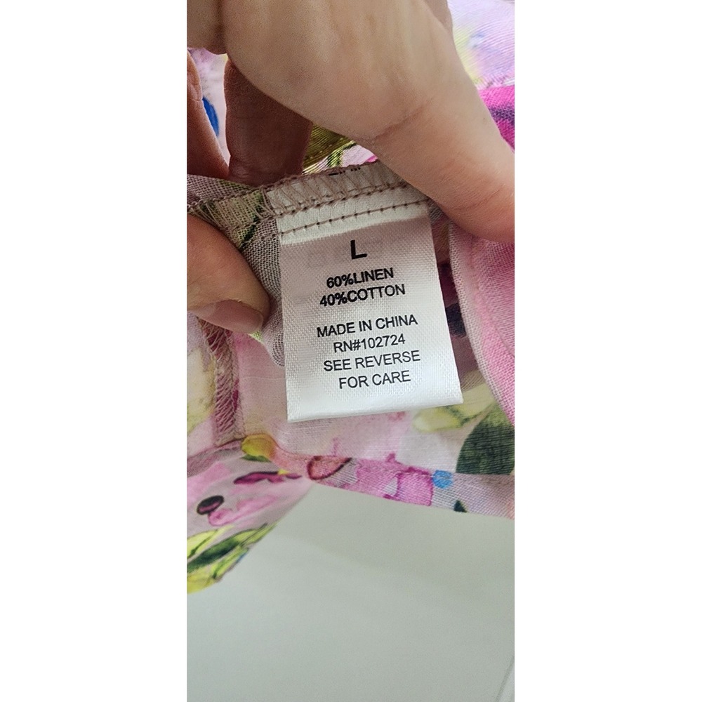 Hester & Orchard Linen Blend Floral Blouse Pink Ruffle V-Neck Top Large - Picture 5 of 8
